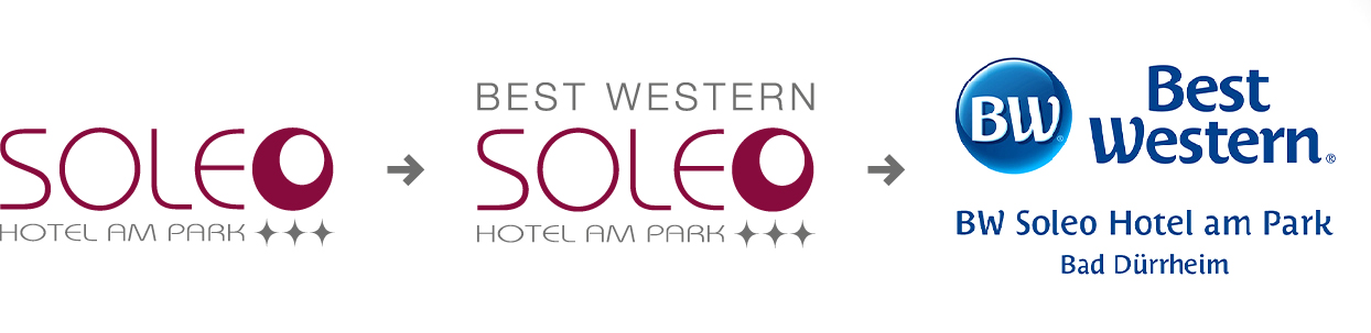 Darstellung der Transformation des Logos Best Western Hotel Soleo in drei Versionen
