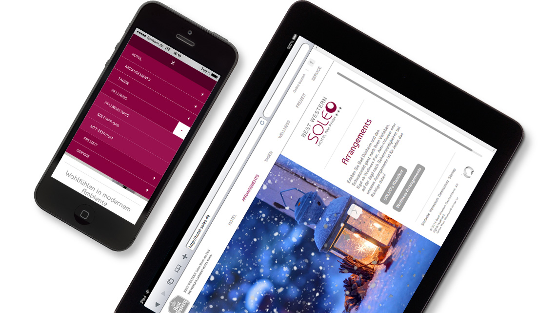 Ansicht der Webseite von Best Western Hotel Soleo auf einem iPad und einem iPhone