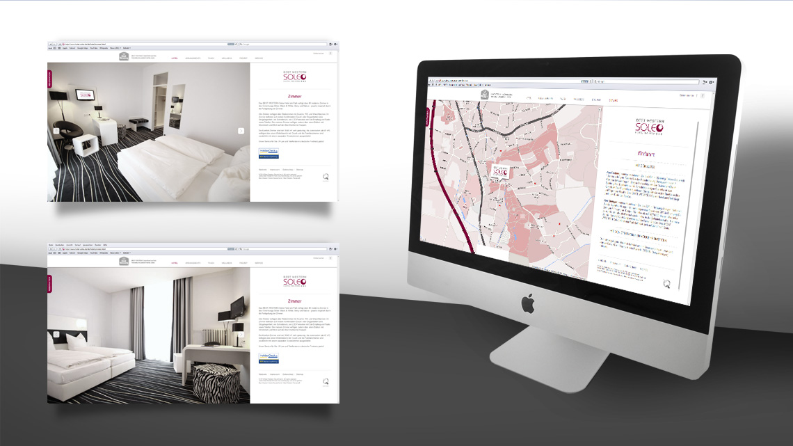 Ansicht der Webseite von Best Western Hotel Soleo auf einem iMac und daneben zwei Webseitenausschnitte