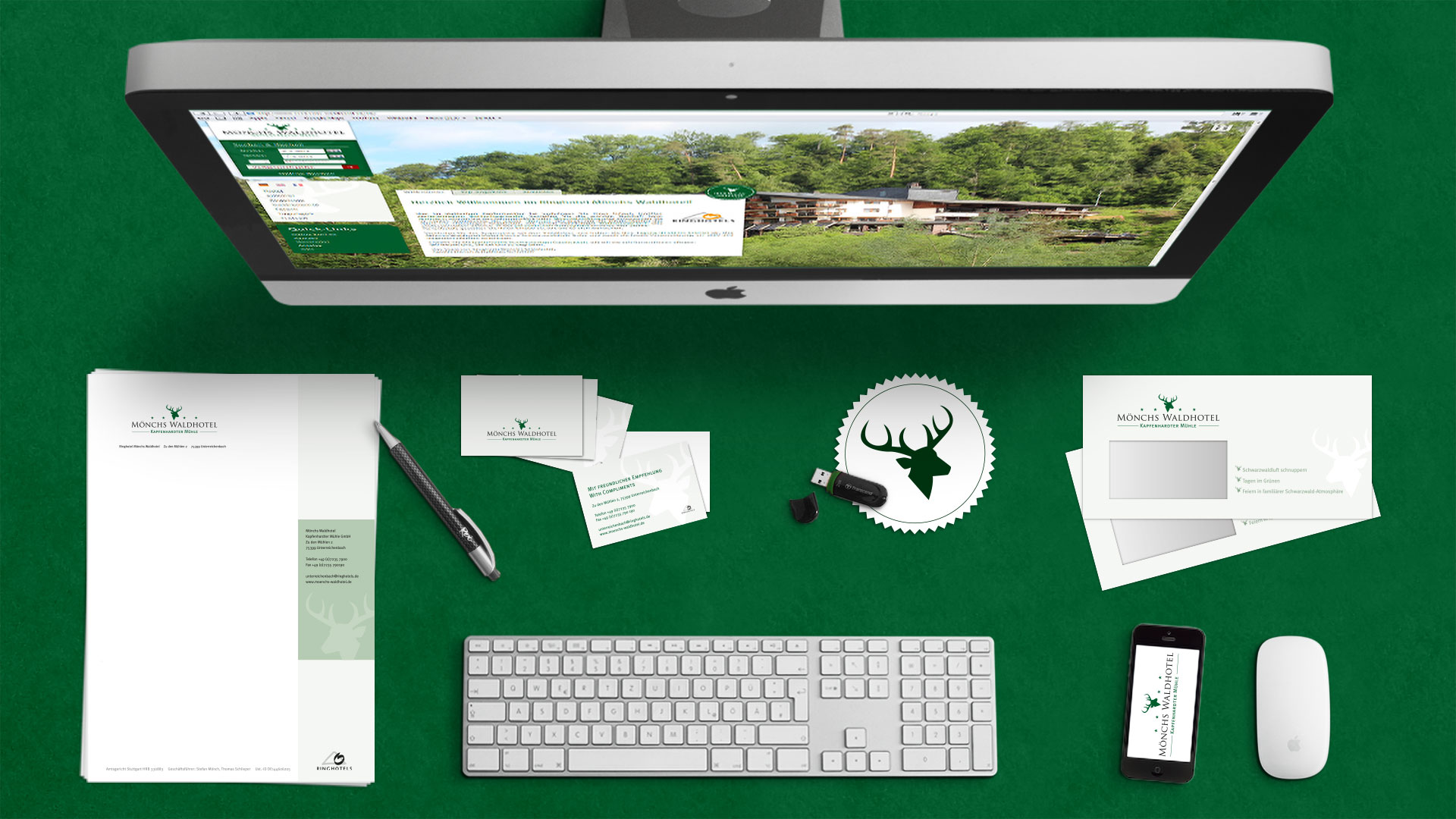 Ansicht des Corporate Designs von Mönchs Waldhotel auf Druck- und Onlineprodukten