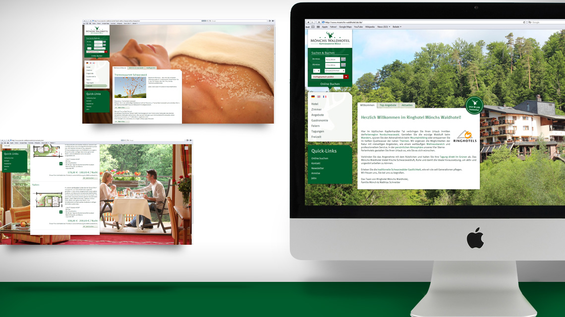 Darstellung der Webseite von Mönchs Waldhotel auf einem iMac und zwei Bildschirmausschnitten