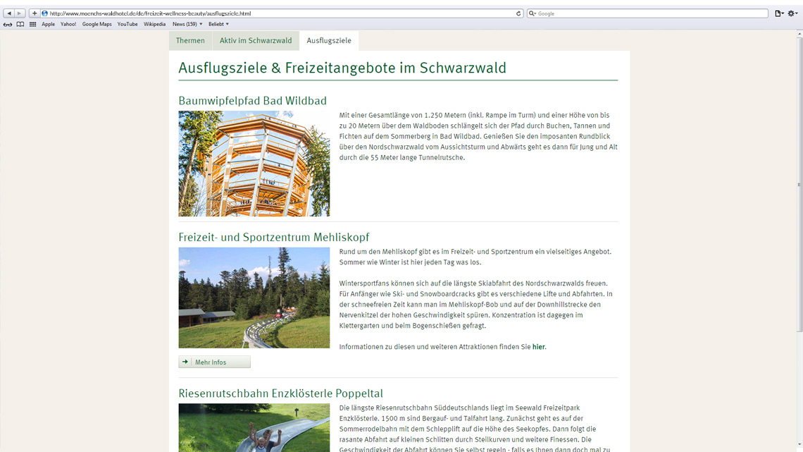 Darstellung der Webseite von Mönchs Waldhotel auf einem Bildschirmausschnitt