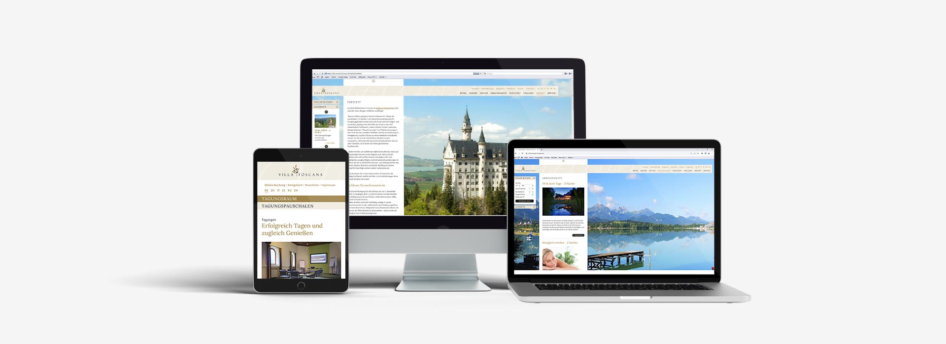 Ansicht der Webseite von der Villa Toscana auf einem iMac, einem iPad und einem MacBook