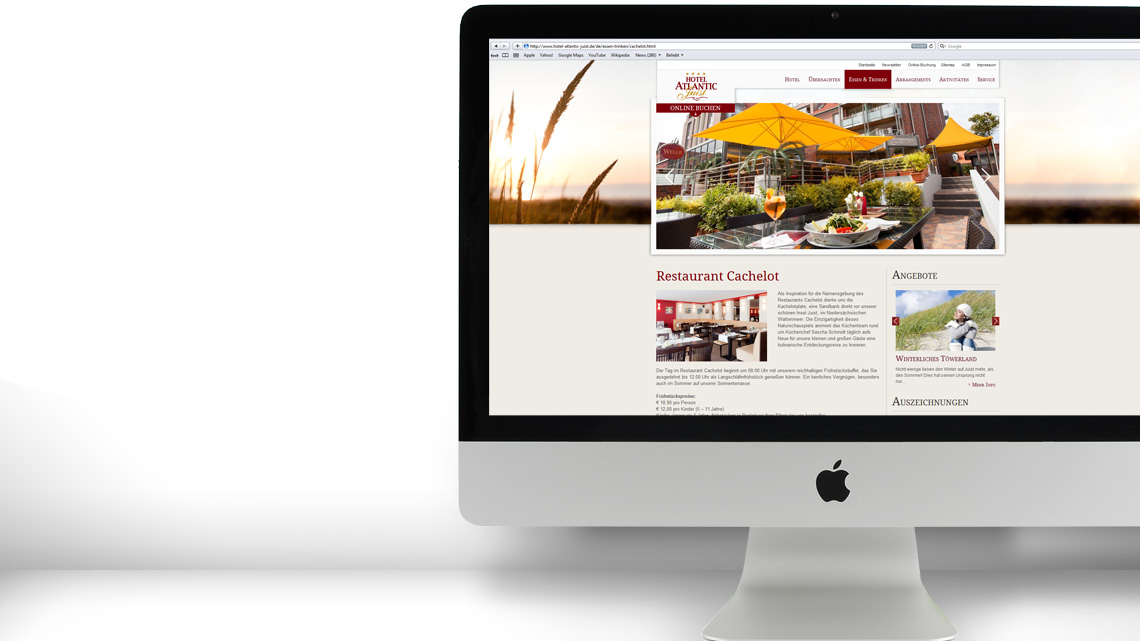 Ansicht der Webseite vom Hotel Atlantic Juist zum Thema Essen und Trinken auf einem iMac