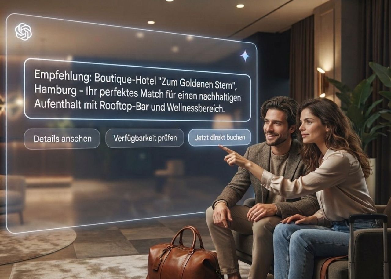 Ein ungestelltes, reales Paar auf einer Couch in einer luxuriösen Hotel-Lobby interagiert mit einer digitalen, schwebenden Schnittstelle für KI-Hotelbuchungen.