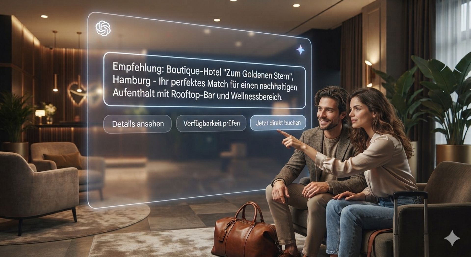 Ein ungestelltes, reales Paar auf einer Couch in einer luxuriösen Hotel-Lobby interagiert mit einer digitalen, schwebenden Schnittstelle für KI-Hotelbuchungen.